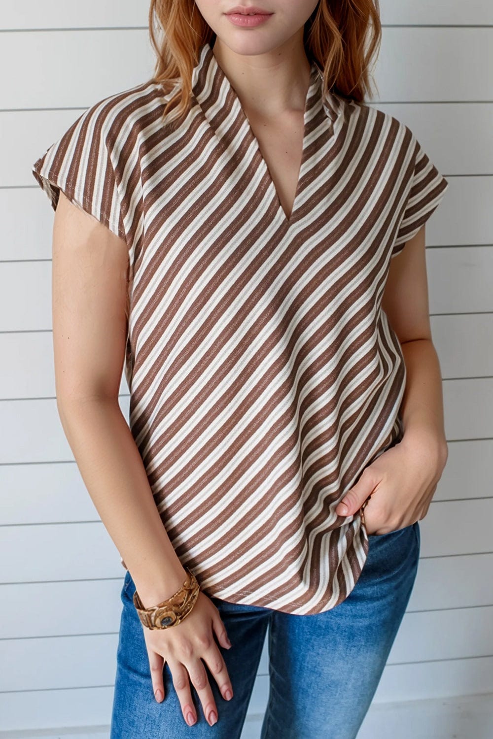 Striped V Neck Cap Sleeve Blouse - Trendsi