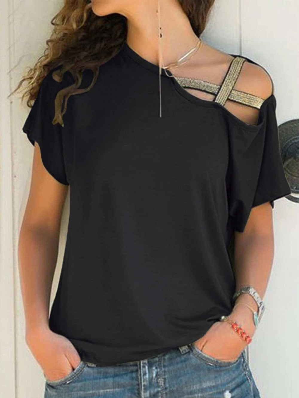 Asymmetrical Neck Short Sleeve T-Shirt - Trendsi - Flyclothing LLC