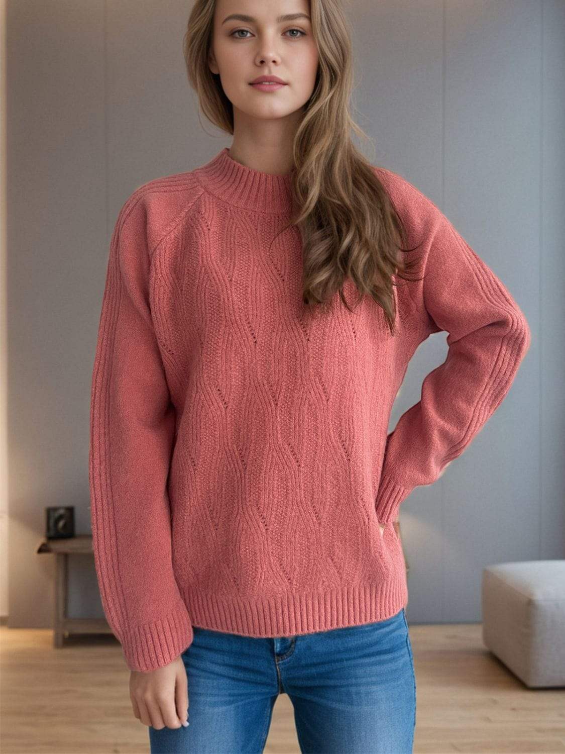 Mock Neck Long Sleeve Sweater - Trendsi - Flyclothing LLC