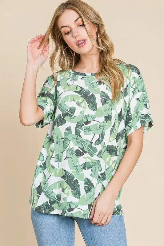 BOMBOM Lightweight Printed Round Neck Short Sleeve T-Shirt - Trendsi - Flyclothing LLC