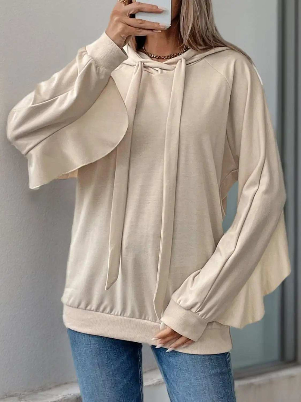 Perfee Drawstring Ruffled Long Sleeve Hoodie - Trendsi - Flyclothing LLC