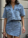Johnny Collar Short Sleeve Top and Skort Denim Set - Trendsi
