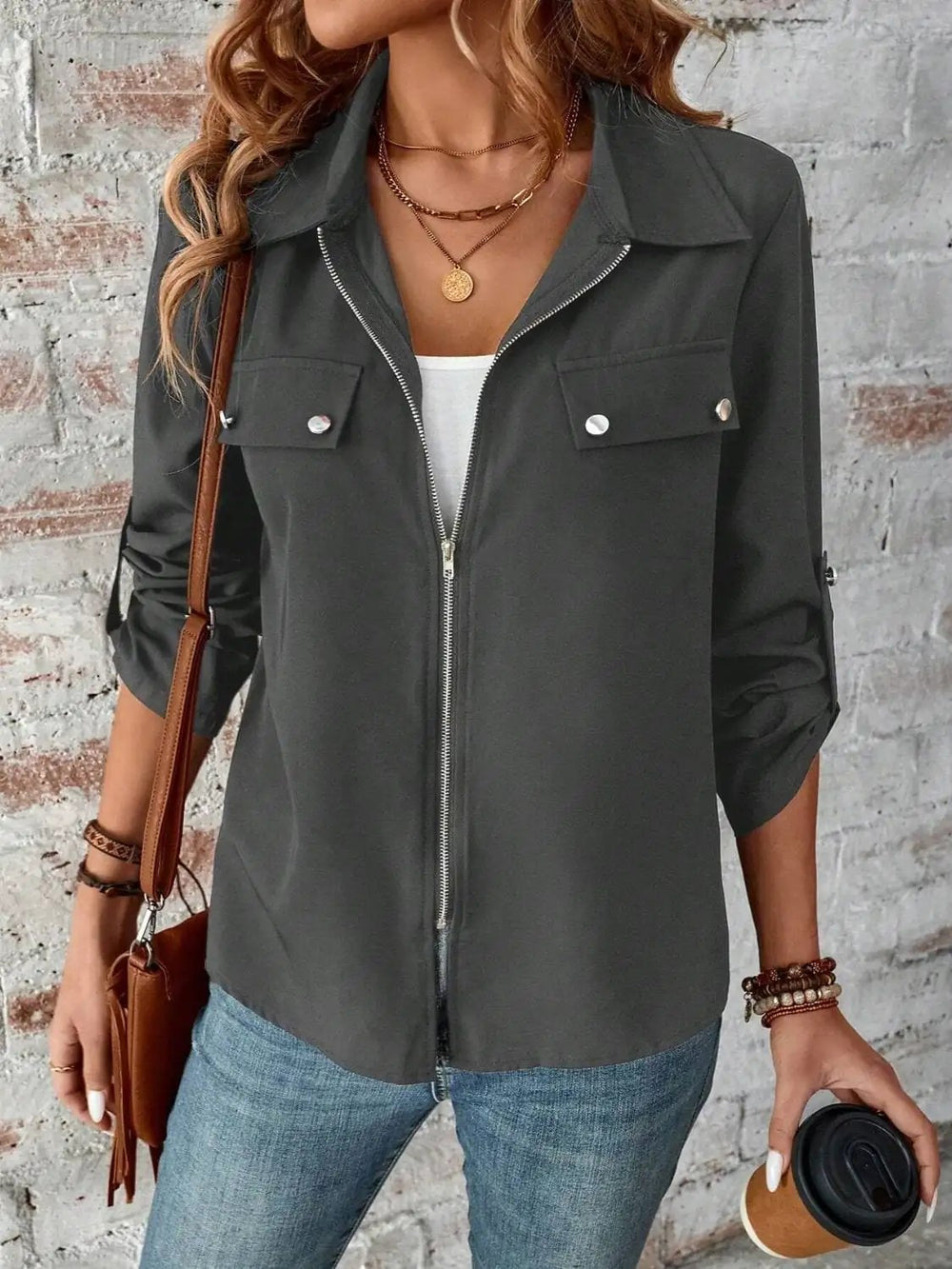 Zip Up Collared Neck Roll-Tab Sleeve Jacket - Trendsi