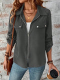 Zip Up Collared Neck Roll-Tab Sleeve Jacket - Trendsi