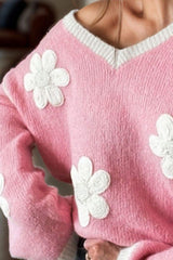 Flower V-Neck Dropped Shoulder Sweater - Trendsi - Flyclothing LLC