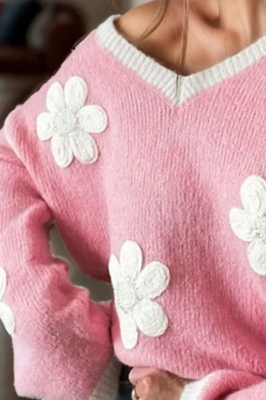 Flower V-Neck Dropped Shoulder Sweater - Trendsi - Flyclothing LLC