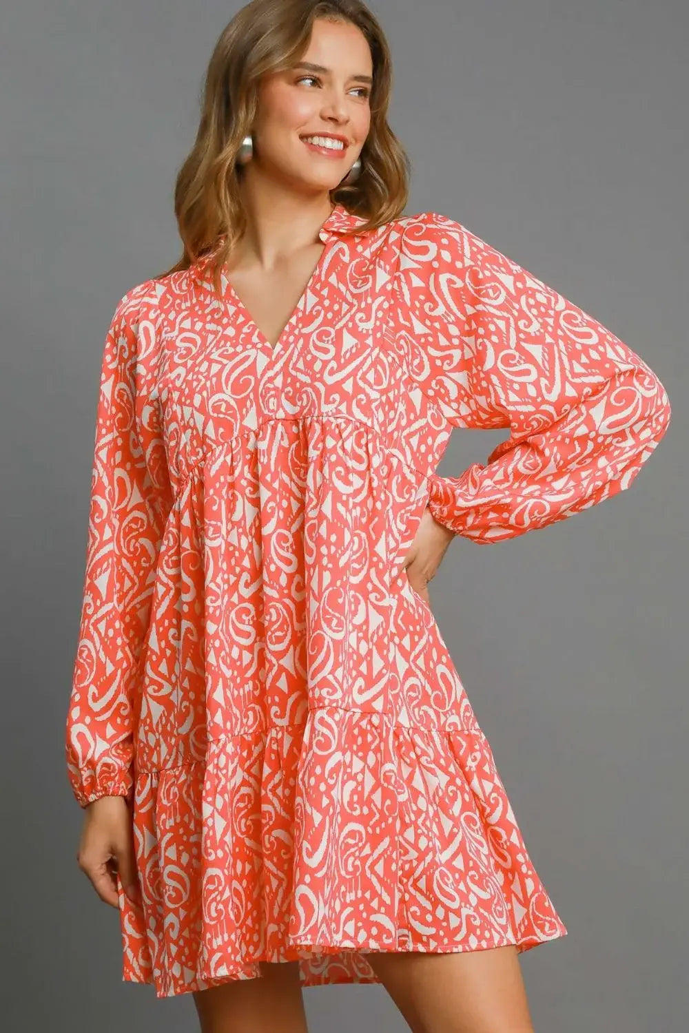 Umgee Full Size Two Tone Print Balloon Sleeve Tiered Dress Plus Size - Trendsi - Flyclothing LLC