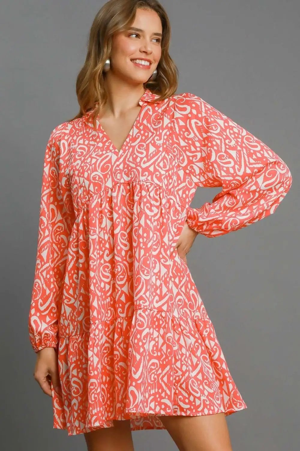 Umgee Full Size Two Tone Print Balloon Sleeve Tiered Dress Plus Size - Trendsi