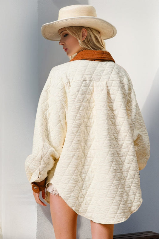 Double Take Full Size Contrast Button Up Quilted Shacket - Trendsi