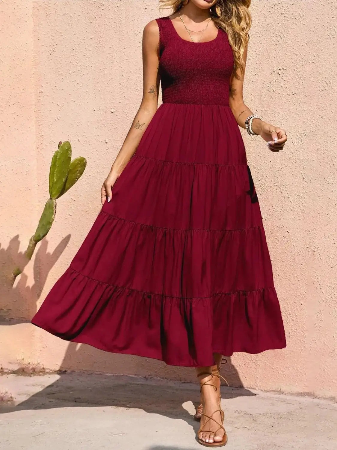 Tiered Smocked Wide Strap Dress - Trendsi - Flyclothing LLC