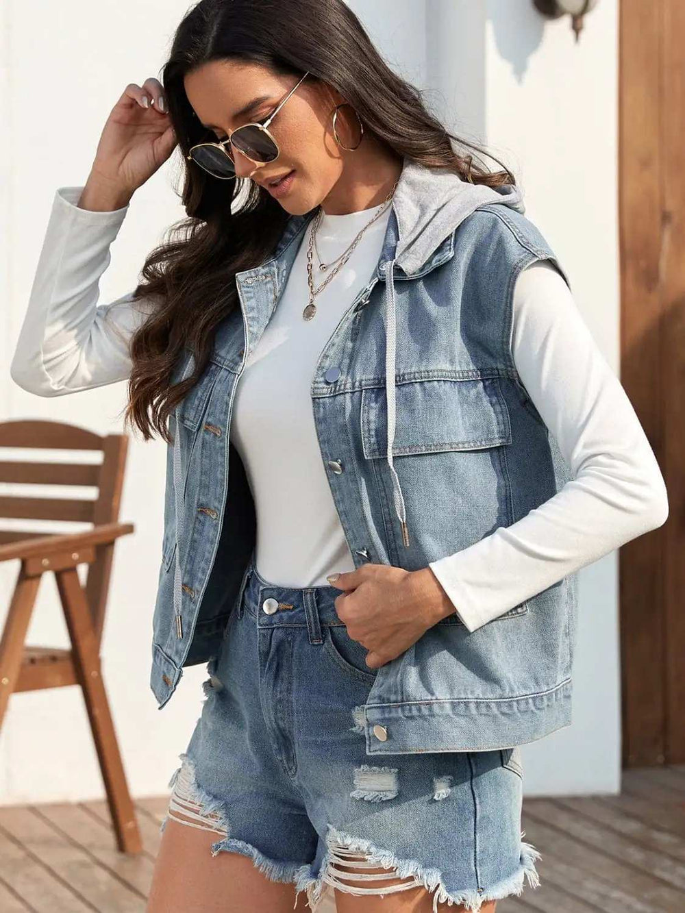Drawstring Button Up Sleeveless Denim Jacket - Trendsi - Flyclothing LLC