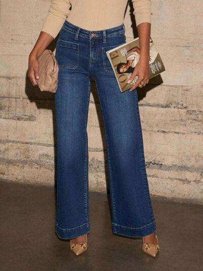 High Rise Front Pocket Patch Wide Leg Jeans - Trendsi - Flyclothing LLC