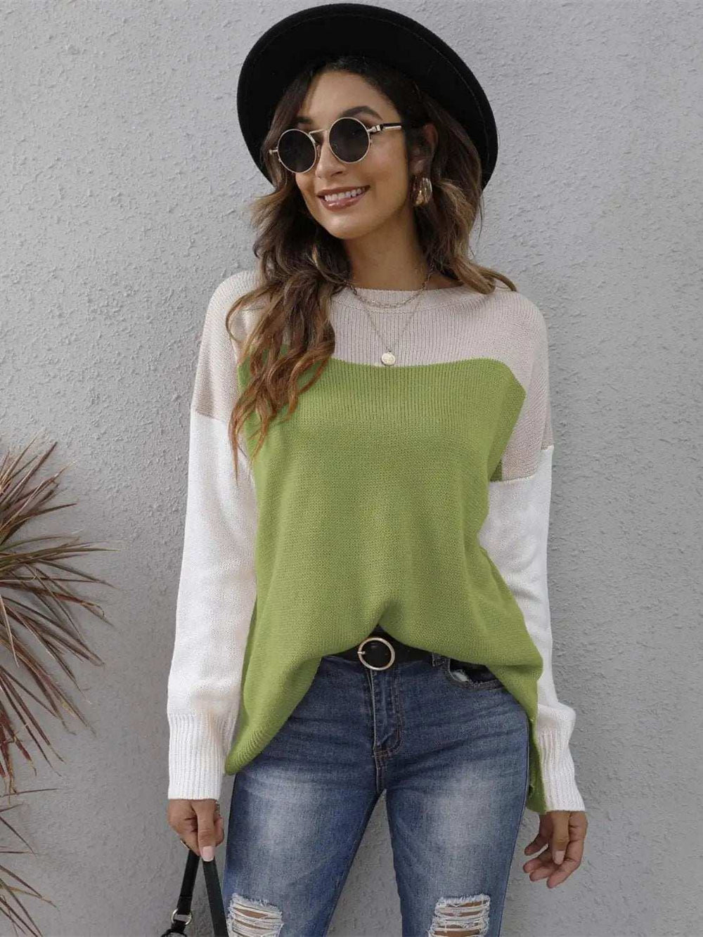 Color Block Round Neck Sweater - Trendsi - Flyclothing LLC