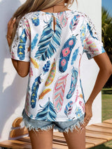 Printed Round Neck Lace Short Sleeve Top - Trendsi - Flyclothing LLC