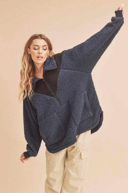 Aemi+Co Two Tone Half Zip Fleece Sweatshirt - Trendsi - Flyclothing LLC