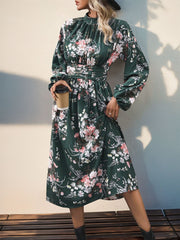 Ruched Printed Mock Neck Long Sleeve Midi Dress - Trendsi