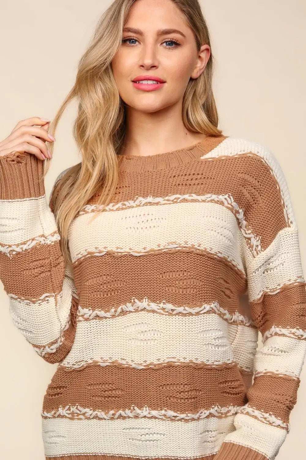 Haptics Striped Contrast Distressed Sweater - Trendsi - Flyclothing LLC