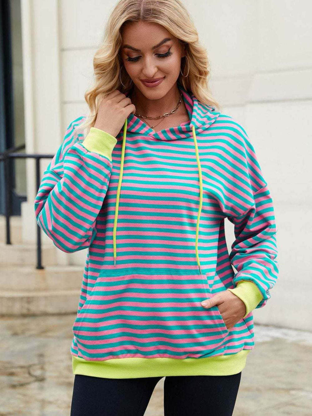 Drawstring Contrast Striped Long Sleeve Hoodie - Trendsi - Flyclothing LLC