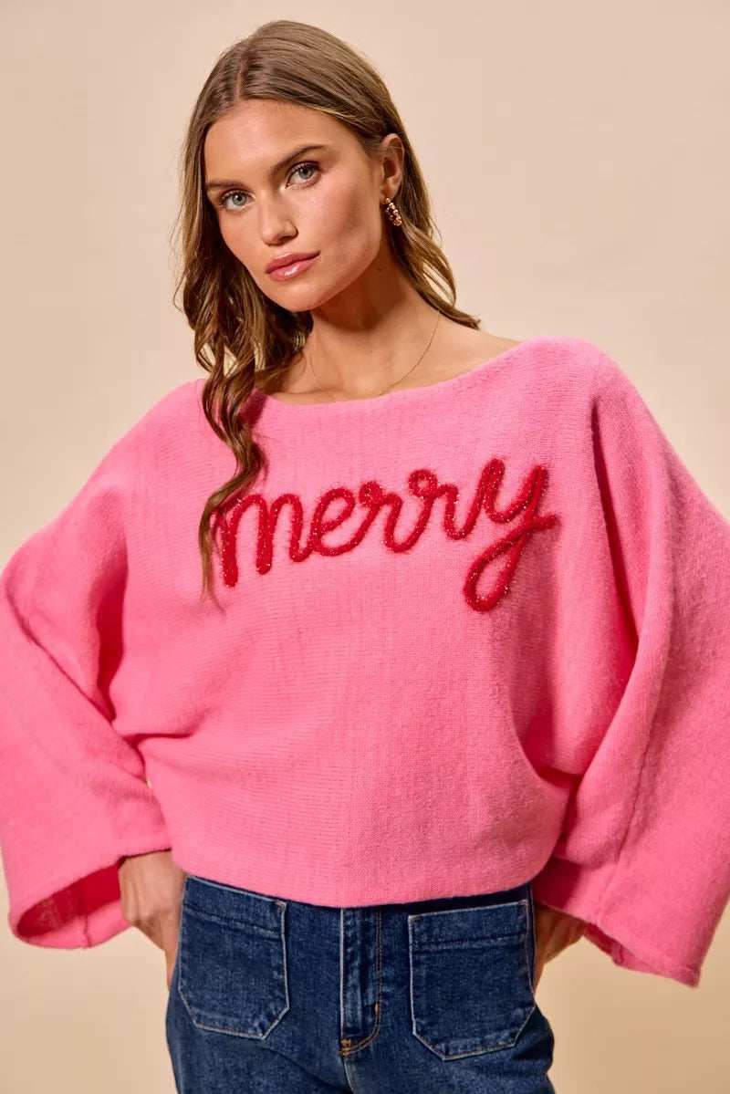 SO ME Merry Tinsel Lettering Christmas Sweater Top - Trendsi - Flyclothing LLC