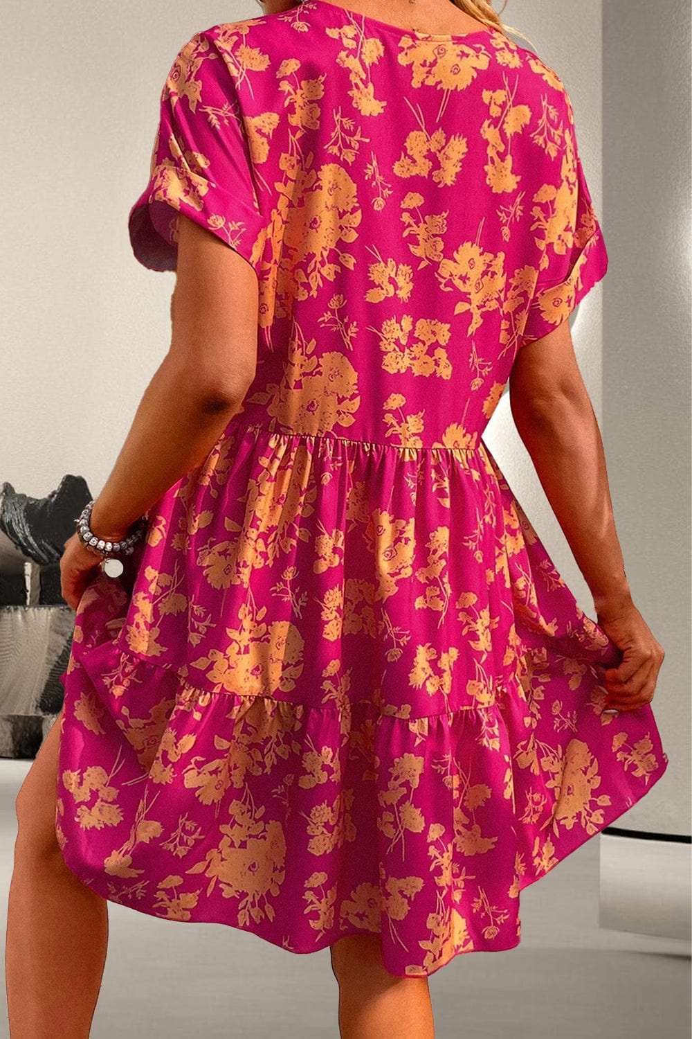 Printed Surplice Short Sleeve Mini Dress - Trendsi - Flyclothing LLC