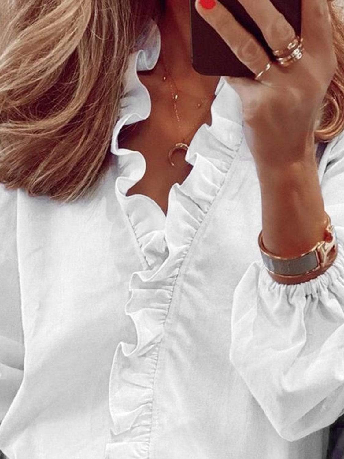 Full Size Ruffled V-Neck Long Sleeve Blouse - Trendsi - Flyclothing LLC