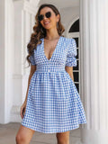 Decorative Button Plaid Short Sleeve Dress - Trendsi - Flyclothing LLC