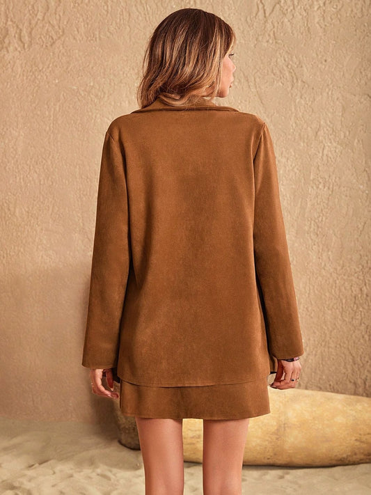 Button Up Collared Neck Jacket and Skirt Set - Trendsi