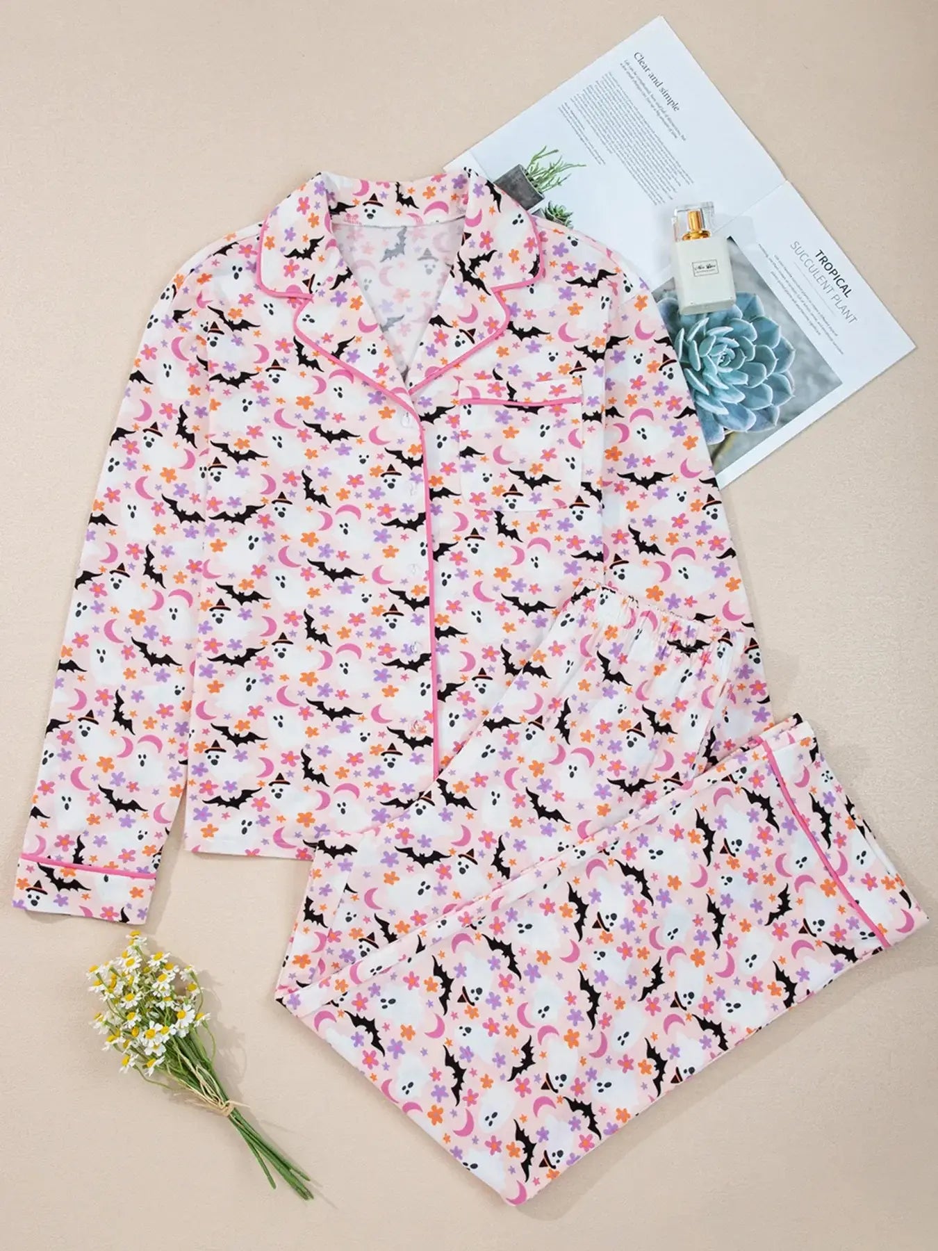 Halloween Ghost Print Button Up Top and Pants Lounge Set - Trendsi - Flyclothing LLC