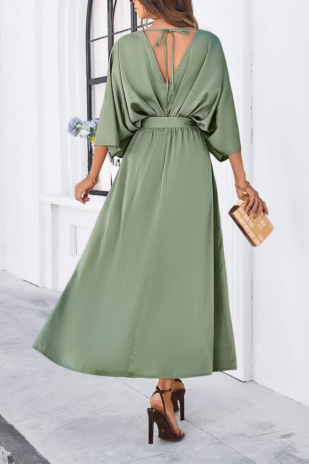 Slit Tied V-Neck Three-Quarter Sleeve Dress - Trendsi - Flyclothing LLC