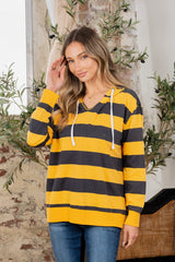 Full Size Drawstring Striped Long Sleeve Hoodie - Trendsi