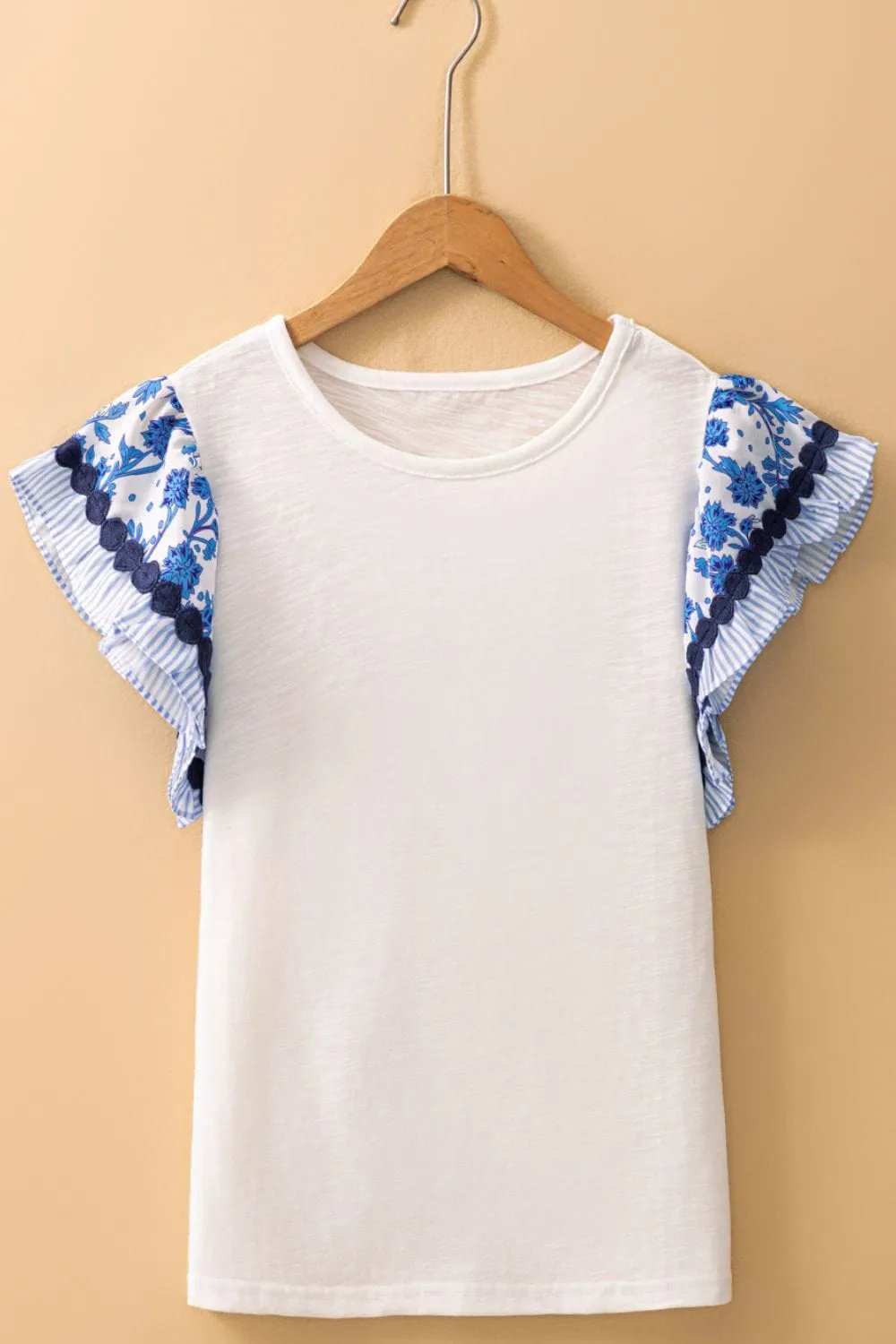 Round Neck Printed Ruffled Cap Sleeve Blouse - Trendsi - Flyclothing LLC