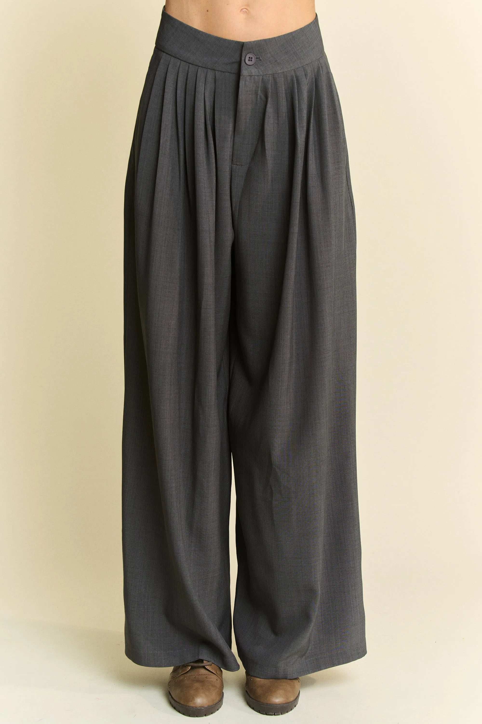 Davi & Dani Solid Back Pocket Shirring Detail Wide Leg Pants - Trendsi - Flyclothing LLC