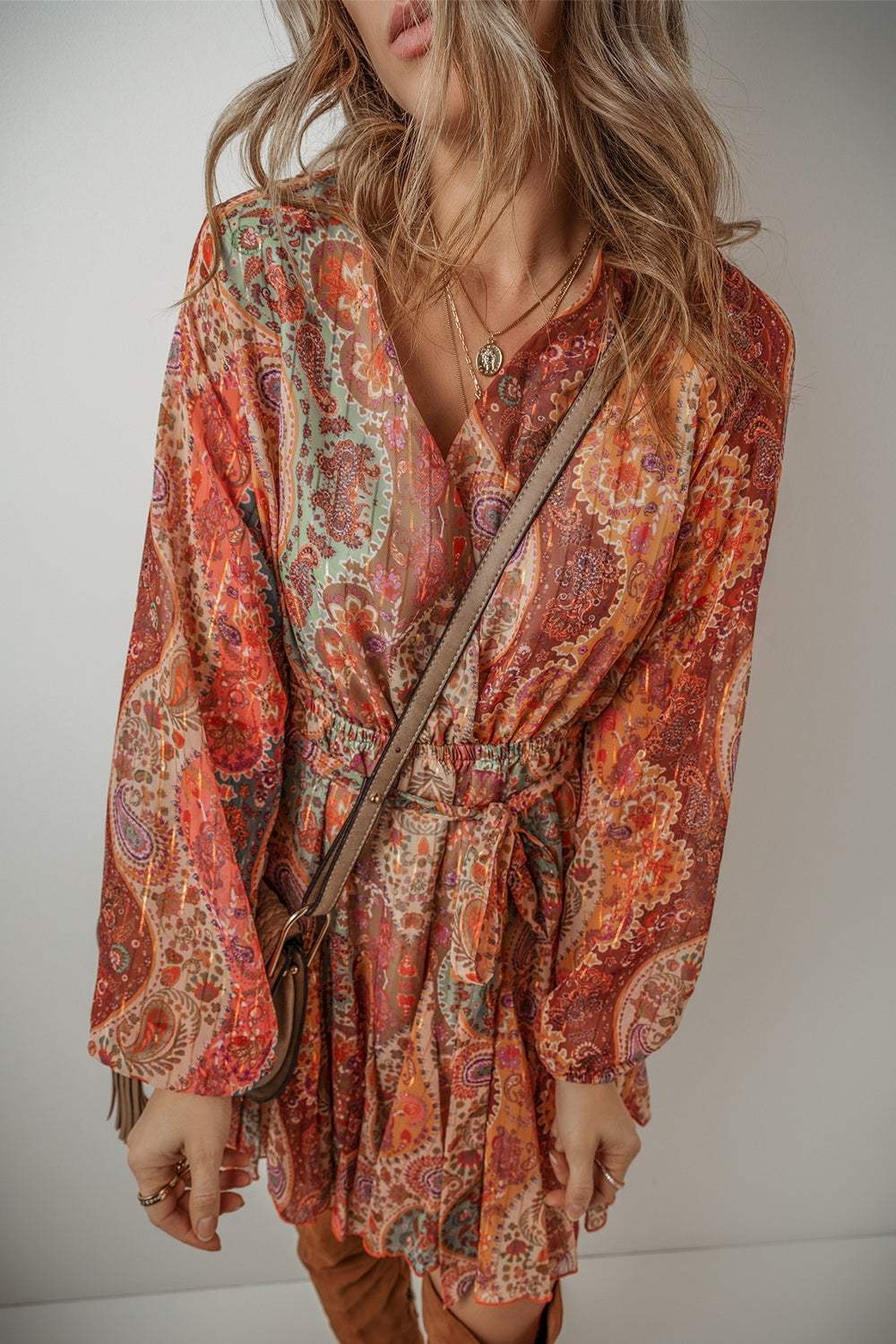 Tied Printed Balloon Sleeve Mini Dress - Trendsi - Flyclothing LLC