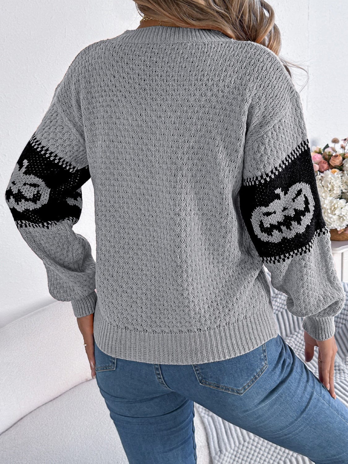Pumpkin Round Neck Long Sleeve Sweater - Trendsi