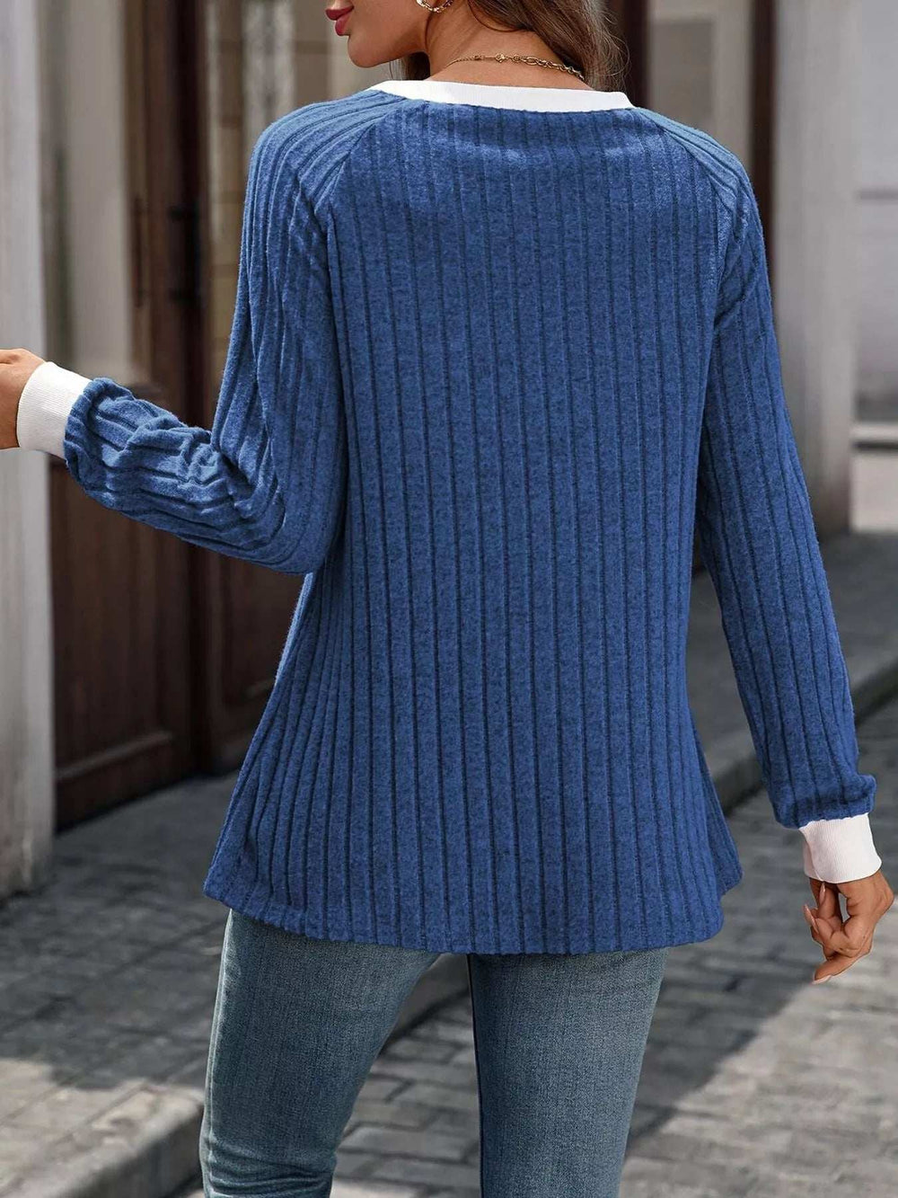 Ribbed Round Neck Raglan Sleeve Knit Top - Trendsi - Flyclothing LLC