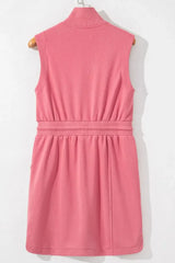 French Terry Zipped Collar Sleeveless Drawstring Waist Mini Dress - Trendsi - Flyclothing LLC