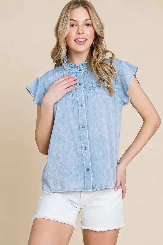 Lime 'N' Chili Mineral Wash Flutter Sleeve Button Down Shirt - Trendsi - Flyclothing LLC