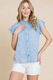 Lime 'N' Chili Mineral Wash Flutter Sleeve Button Down Shirt - Trendsi - Flyclothing LLC