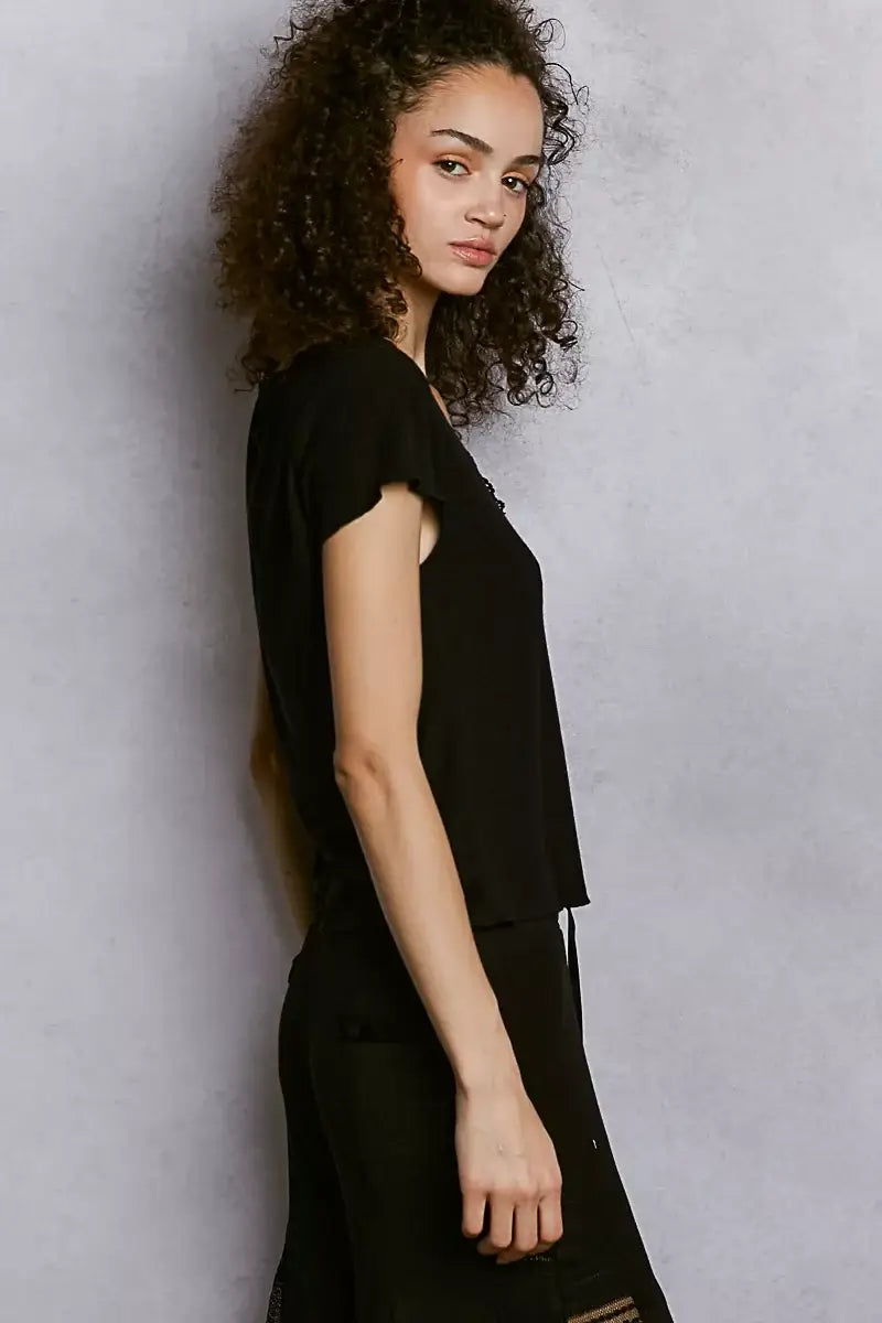 POL Round Neck Short Sleeve Crop T-Shirt with Lace Trim - Trendsi - Flyclothing LLC