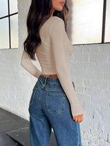 Buttoned V-Neck Long Sleeve T-Shirt - Trendsi - Flyclothing LLC