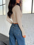 Buttoned V-Neck Long Sleeve T-Shirt - Trendsi