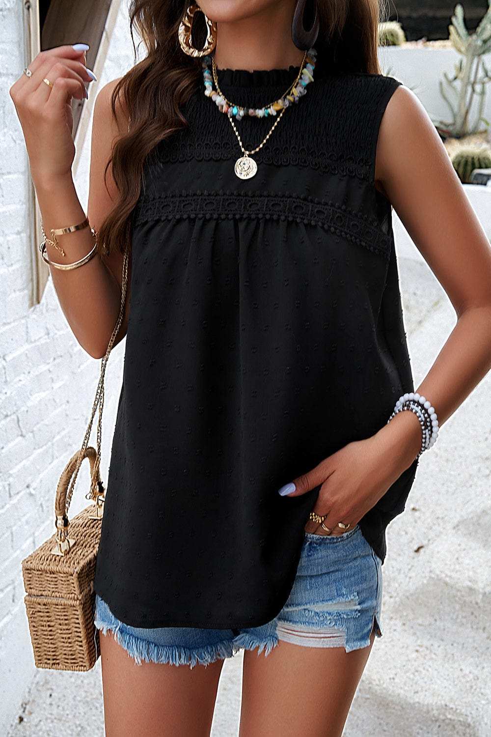 Swiss Dot Round Neck Tank - Trendsi - Flyclothing LLC