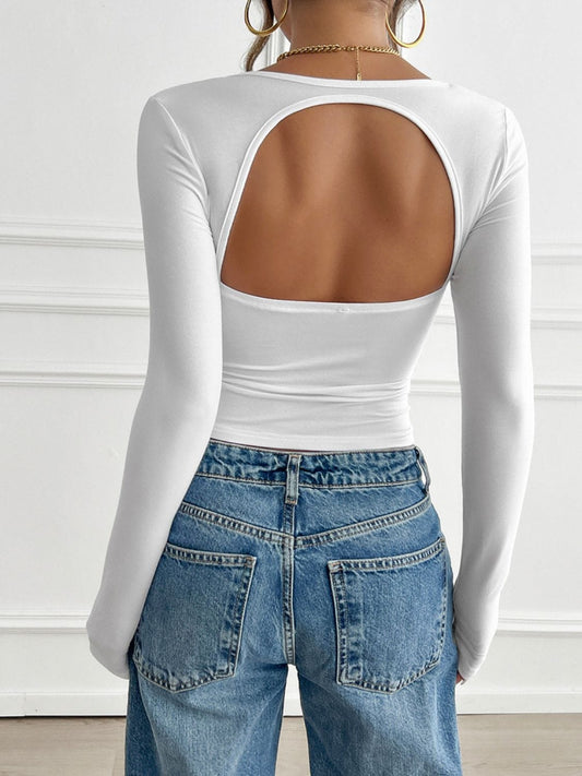 Devine Cutout Square Neck Long Sleeve T-Shirt - Trendsi