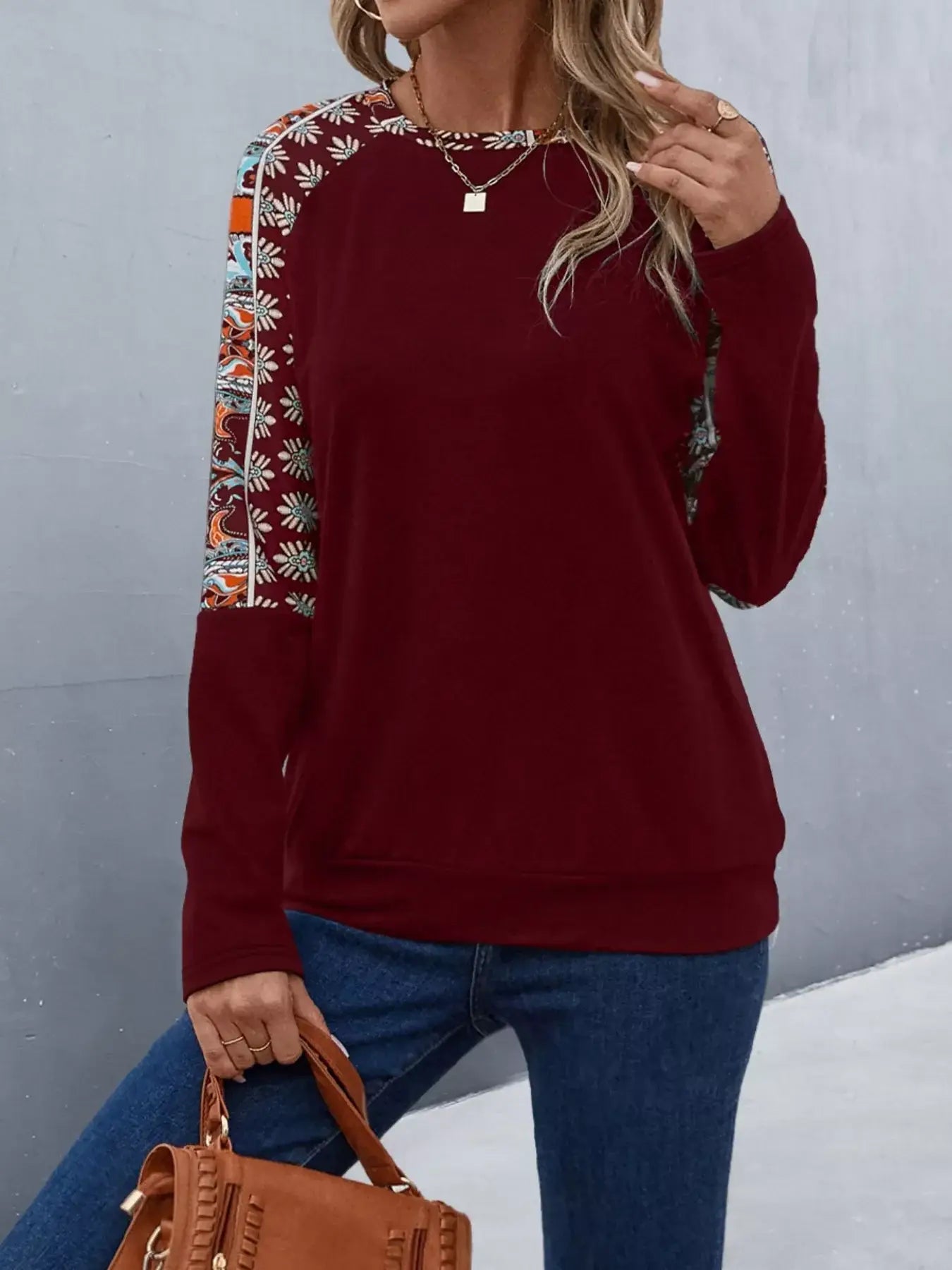 Printed Raglan Sleeve Round Neck T-Shirt - Trendsi - Flyclothing LLC
