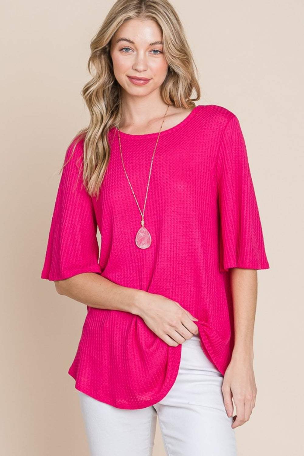 BOMBOM Round Neck Waffle Knit T-Shirt - Trendsi - Flyclothing LLC