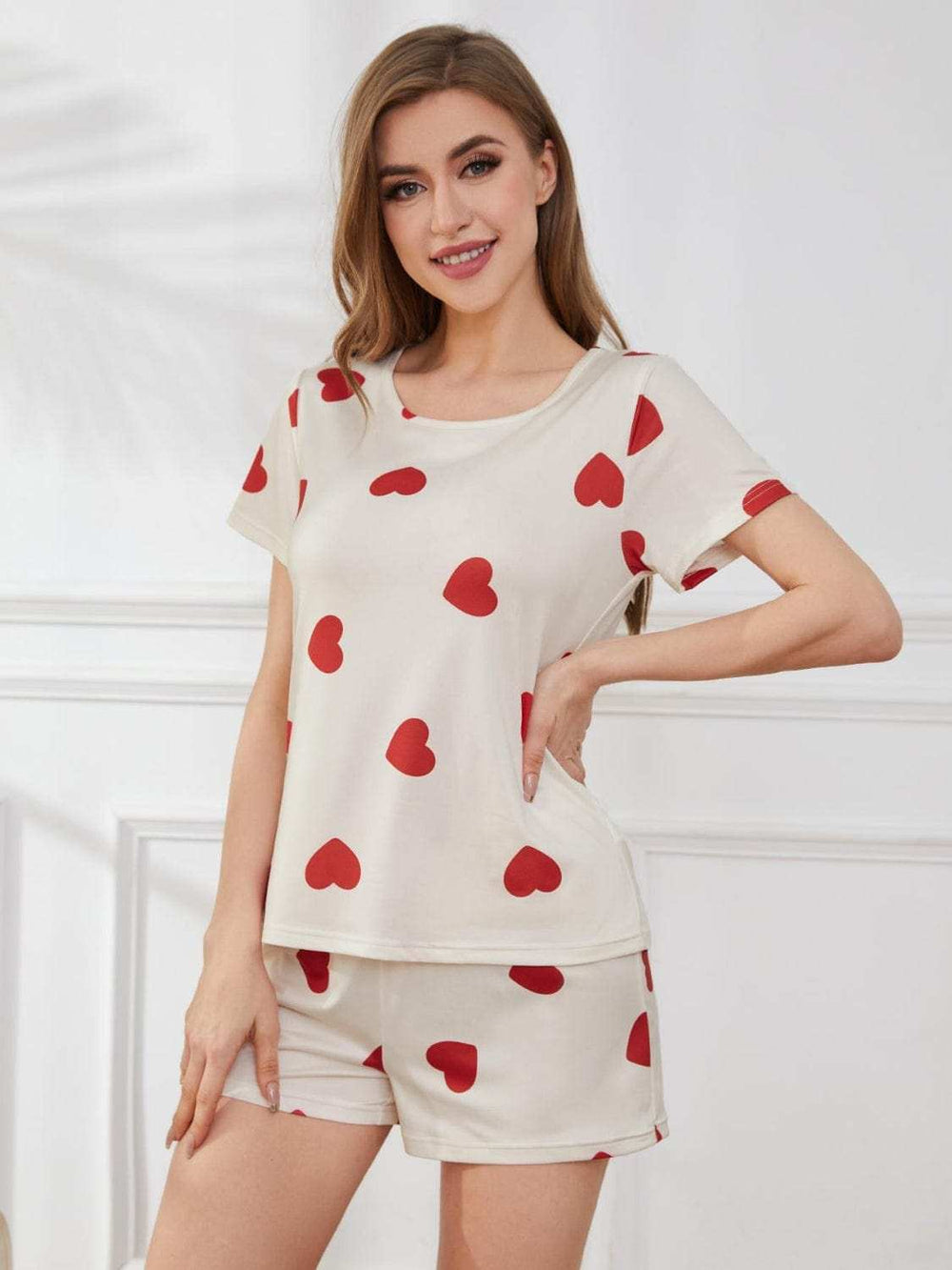 Heart Round Neck Top and Shorts Lounge Set - Trendsi - Flyclothing LLC