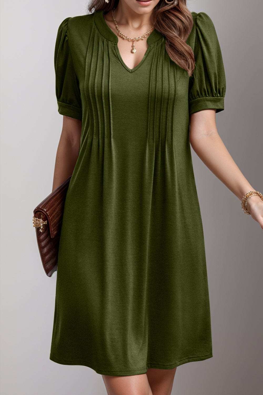 Pin-Tuck Notched Short Sleeve Dress - Trendsi - Flyclothing LLC