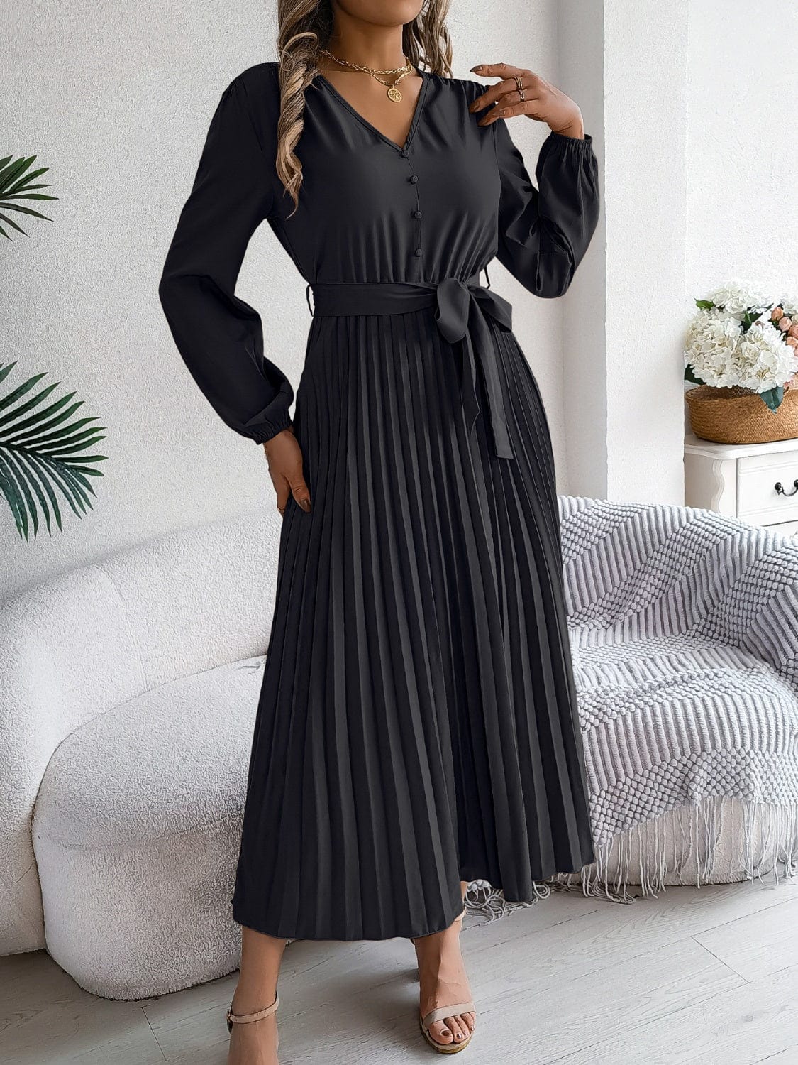 Pleated Tied V-Neck Long Sleeve Dress - Trendsi