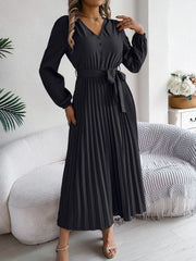 Pleated Tied V-Neck Long Sleeve Dress - Trendsi