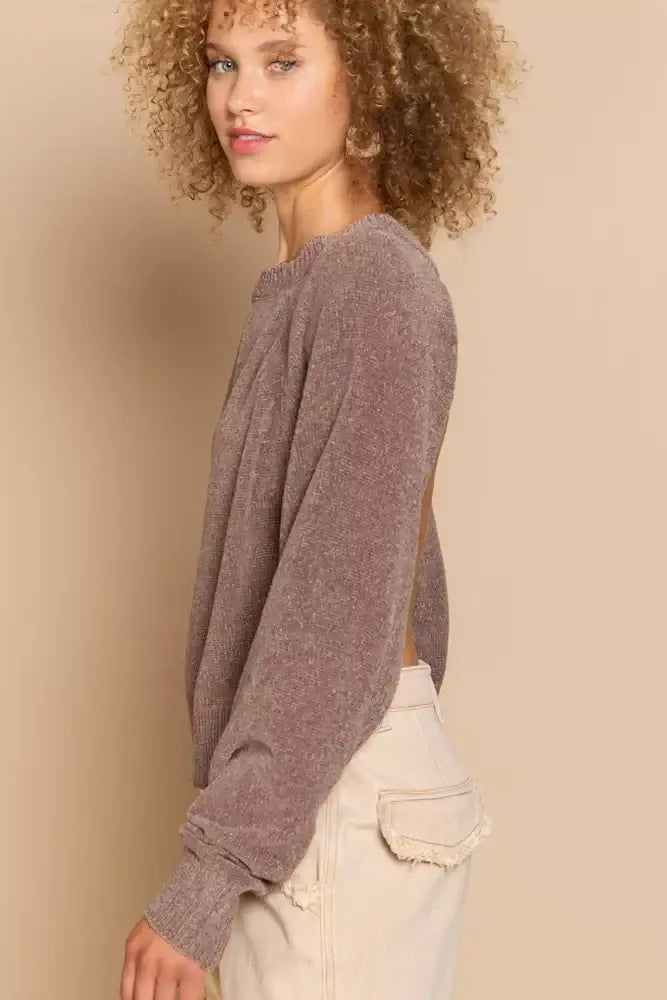 POL Round Neck Backless Sweater with Ribbed Edge - Trendsi - Flyclothing LLC